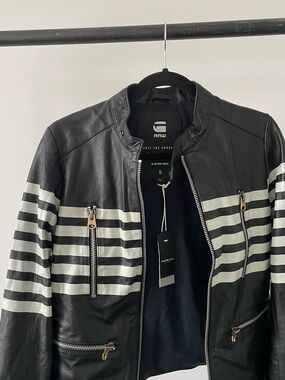 G-Star Black Leather Jacket with White Stripe Detail -